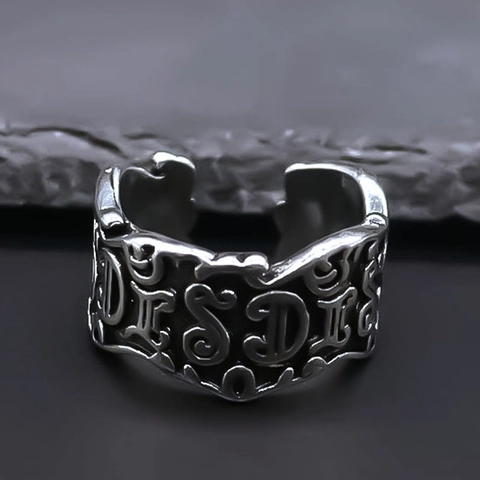 Vintage Gothic Irregular Alloy Open Ring For Men Women Retro Silver Color Relief Letter Adjustable Street Fashion Jewelry Finger Ring
