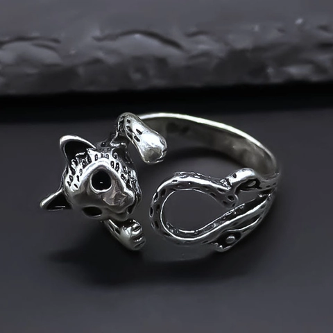 Anello Aperto in Lega Vintage con Testa di Leopardo Anello Regolabile Avvolgente Animale Gioielli Punk Argento Uomo Donna