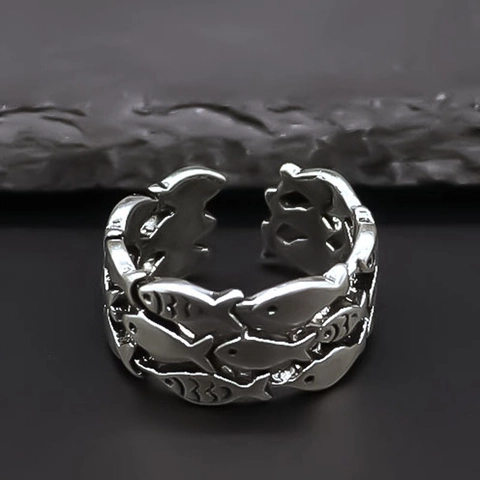 Vintage Alloy Fish School Open Ring For Men Women Punk Gothic Hollow Adjustable Animal Wrap Finger Band Jewelry Gift