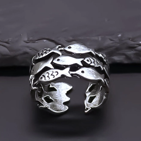Vintage Alloy Fish School Open Ring For Men Women Punk Gothic Hollow Adjustable Animal Wrap Finger Band Jewelry Gift