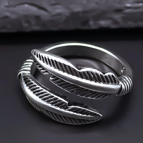 Vintage Alloy Feather Open Ring For Men Women Retro Adjustable Silver Color Street Fashion Jewelry Punk Style Finger Ring