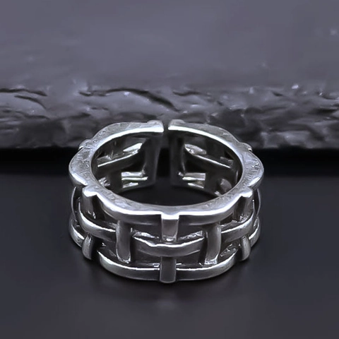 Vintage Irregular Hollow Braided Open Ring For Men Women Distressed Silver Color Alloy Geometric Hip Hop Finger Ring Jewelry