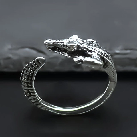 Vintage Alloy Crocodile Open Adjustable Ring Punk Gothic Silver Animal Reptile Statement Finger Ring For Men Women Jewelry