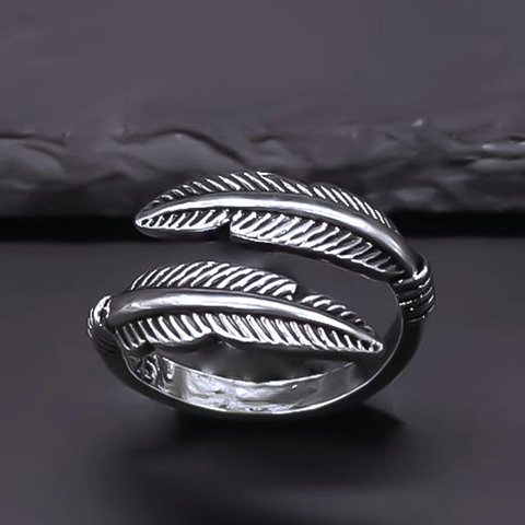 Vintage Alloy Feather Open Ring For Men Women Retro Adjustable Silver Color Street Fashion Jewelry Punk Style Finger Ring