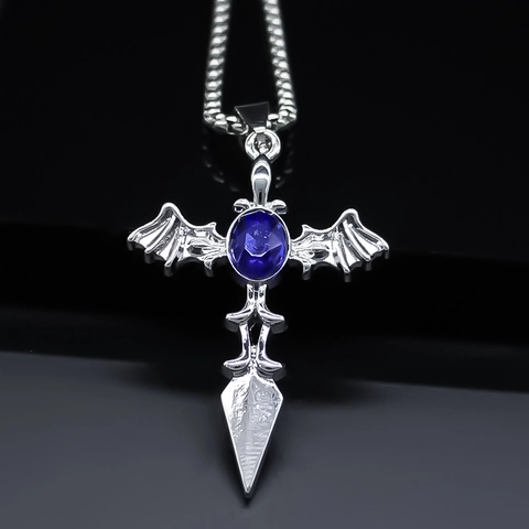 Collana con Pendente a Croce con Ali di Pipistrello Gotica in Lega d'Argento Retro Strass Blu Hip Hop Gioielli per Uomo Donna