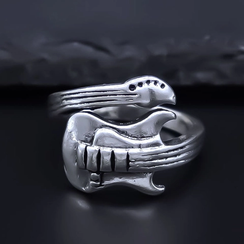 Vintage Alloy Guitar Open Ring For Men Women Hip Hop Rock Adjustable Antique Silver Finger Ring Music Jewelry Gift
