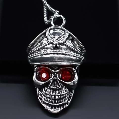 Punk Gothic Military Hat Skull Pendant Necklace Alloy Rhinestone Eyes Vintage Rock Jewelry Men Women Retro Charm Neckwear
