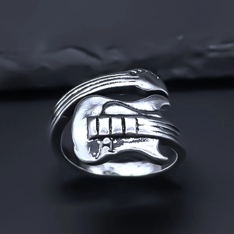 Vintage Alloy Guitar Open Ring For Men Women Hip Hop Rock Adjustable Antique Silver Finger Ring Music Jewelry Gift