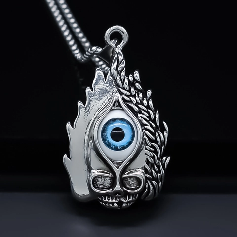 Retro Gothic Punk Legering Schedel Boze Oog Hanger Ketting Voor Mannen Vrouwen Vlam Patroon Blauw Oog Halssieraden Cadeau