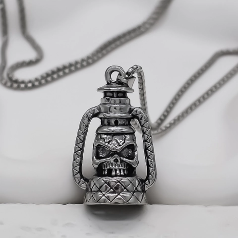 Retro Kerosene Lamp Skull Pendant Necklace Gothic Punk Antique Silver Color Alloy Box Chain Jewelry For Men Women