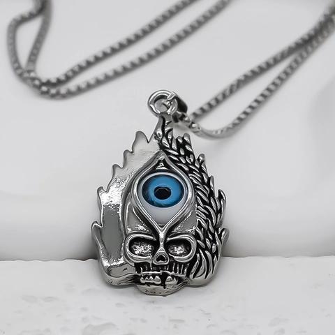 Retro Gothic Punk Legering Schedel Boze Oog Hanger Ketting Voor Mannen Vrouwen Vlam Patroon Blauw Oog Halssieraden Cadeau