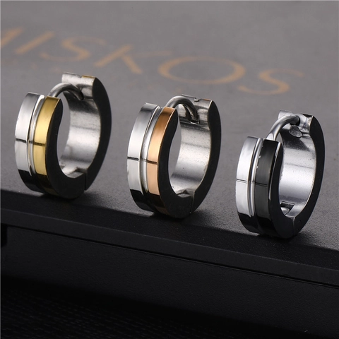 Orecchini Huggie a Cerchio in Acciaio Inossidabile Unisex Bicolore Oro Argento Nero a Righe Punk Minimalista Gioielli Regalo Pezzo Singolo