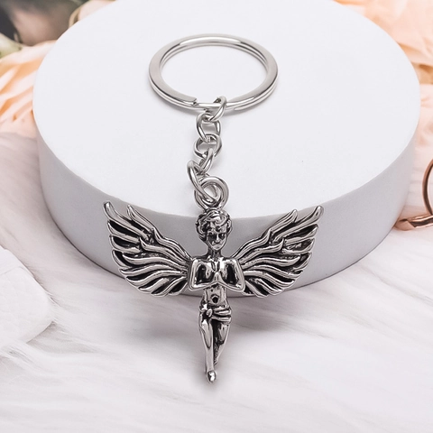 Vintage Metal Angel Keychain For Women Men Cute Prayer Angel Pendant Backpack Hanging Ornament Silver Keychain Gift