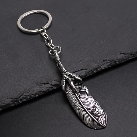 Vintage Indian Style Alloy Feather Eagle Claw Keychain Antique Silver Plated Retro Metal Pendant Key Ring For Men Women