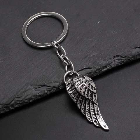 Porte-clés Aile d'Ange en Alliage Argent Antique Vintage Texture Plume Style Hip Hop pour Hommes Femmes Accessoires