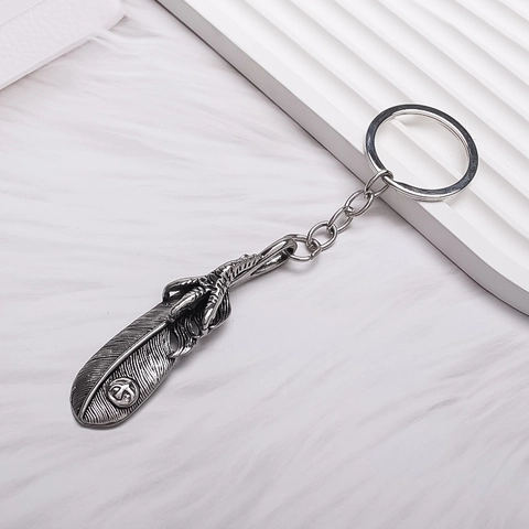 Vintage Indian Style Alloy Feather Eagle Claw Keychain Antique Silver Plated Retro Metal Pendant Key Ring For Men Women