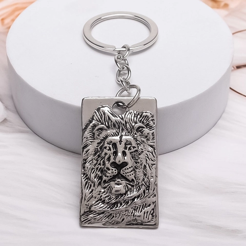 Vintage Silber Löwenkopf Relief Metall Schlüsselanhänger Hip Hop Rechteckig Anhänger Schlüsselring Für Damen Herren Tasche Schmuck