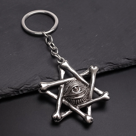 Gothiek Retro Legering Sleutelhanger Met Hexagram Bot En Alziend Oog Hanger Mysterieuze Punk Sieraden Cadeau Voor Mannen Vrouwen