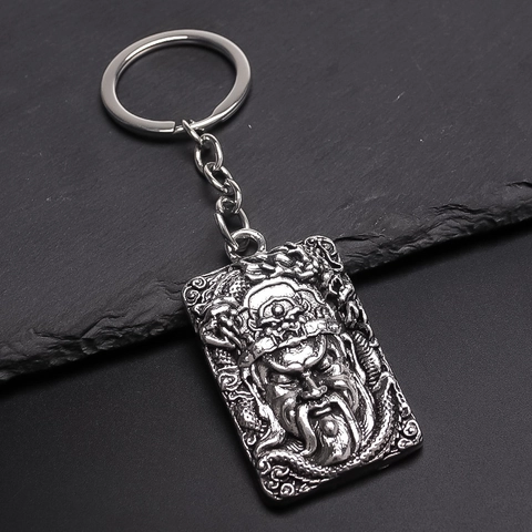 Vintage Legierung Guan Yu Relief Schlüsselanhänger Retro Silber Chinesischer Stil Drache Quadratische Platte Anhänger Schlüsselring