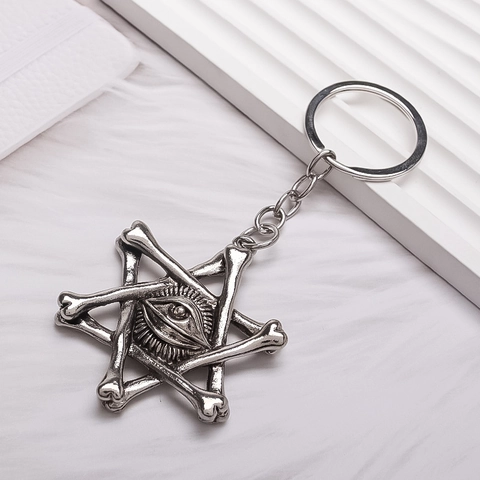 Gothiek Retro Legering Sleutelhanger Met Hexagram Bot En Alziend Oog Hanger Mysterieuze Punk Sieraden Cadeau Voor Mannen Vrouwen