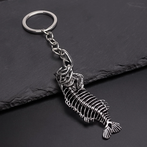 Gothic Punk Legering Visgraat Sleutelhanger Gepersonaliseerde Antiek Zilveren Metalen Visskelet Hanger Sleutelring Tas Charme