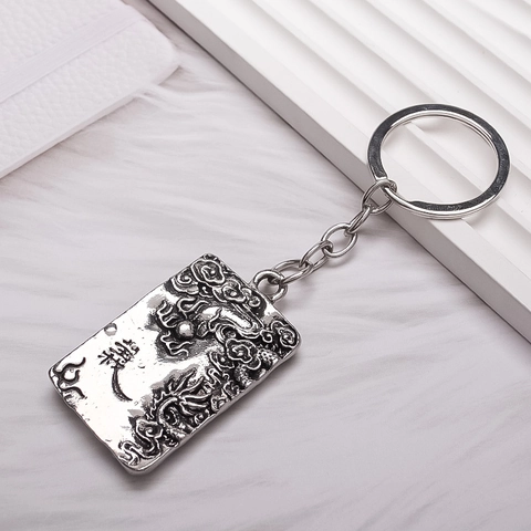 Vintage Legierung Guan Yu Relief Schlüsselanhänger Retro Silber Chinesischer Stil Drache Quadratische Platte Anhänger Schlüsselring