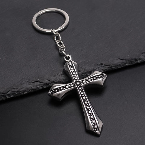 Retro Gotische Legering Kruis Sleutelhanger Zilver Vintage Religieuze Hanger Sleutelring Voor Mannen Vrouwen Mode Tas Charme