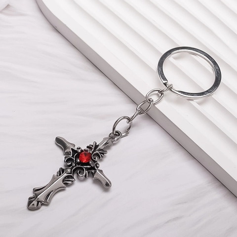 Llavero de Cruz Gótica Punk de Aleación para Hombres Mujeres Diamante de Imitación Rojo Incrustado Colgante de Cruz Metal Joyas