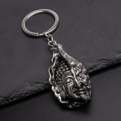 Vintage Legierung Buddha Dämon Schlüsselanhänger Antik Silber Finish Buddha Böses Gesicht Schlüsselring Rucksack Zubehör