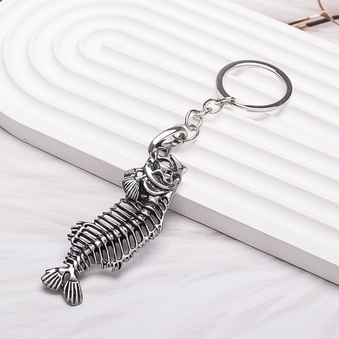 Gothic Punk Legering Visgraat Sleutelhanger Gepersonaliseerde Antiek Zilveren Metalen Visskelet Hanger Sleutelring Tas Charme