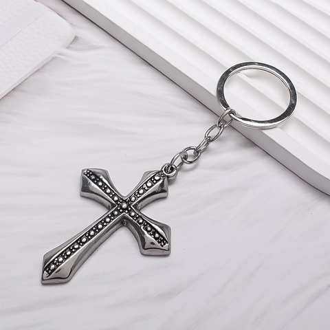 Retro Gotische Legering Kruis Sleutelhanger Zilver Vintage Religieuze Hanger Sleutelring Voor Mannen Vrouwen Mode Tas Charme