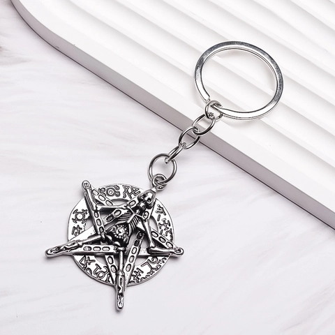 Llavero de Aleación Gothic Punk Esqueleto Pentagrama Plata Antigua Símbolos Místicos Colgante de Anillo de Metal para Hombres Mujeres
