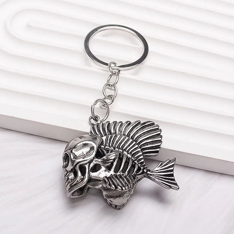 Retro Punk Schedel Visgraat Sleutelhanger Metaallegering Gotisch Skelet Sleutelring Hanger Voor Mannen Vrouwen Rugzak Charm Accessoires