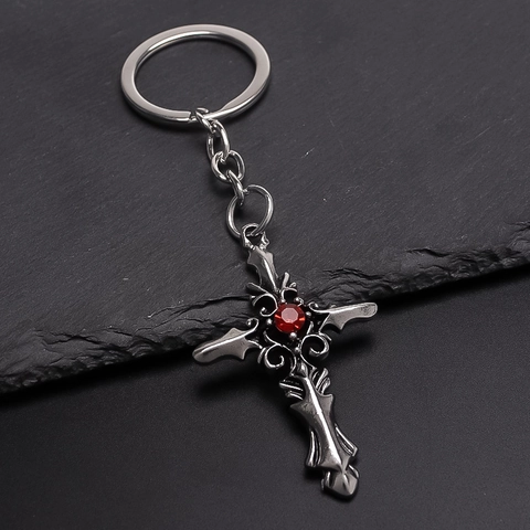 Llavero de Cruz Gótica Punk de Aleación para Hombres Mujeres Diamante de Imitación Rojo Incrustado Colgante de Cruz Metal Joyas