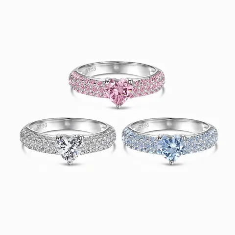 Bague en Argent Sterling 925 Forme de Cœur Zirconia pour Femme Style Doux Arc-en-ciel Barbie Serti Pavé Bijoux de Mariage