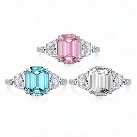 Elegant French S925 Sterling Silver Emerald Cut Zirconia Ring Pink Blue White Gemstone Three Stone Engagement Ring For Women Wedding Party Jewelry