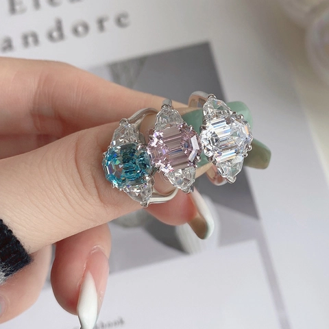 Elegant French S925 Sterling Silver Emerald Cut Zirconia Ring Pink Blue White Gemstone Three Stone Engagement Ring For Women Wedding Party Jewelry