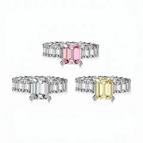 Bague Eternity de Luxe en Argent Sterling 925 Taille Émeraude avec Zirconia pour Femme Mode Rectangulaire Pierre Rose Jaune Blanche Bijoux de Mariage