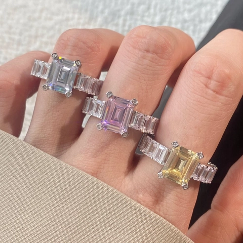 Bague Eternity de Luxe en Argent Sterling 925 Taille Émeraude avec Zirconia pour Femme Mode Rectangulaire Pierre Rose Jaune Blanche Bijoux de Mariage