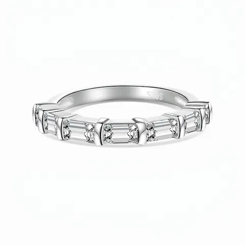 925 Sterling Silver Baguette Cut Zirconia Eternity Ring For Women French Style Elegant Stackable Band Ring Fashion Jewelry Gift