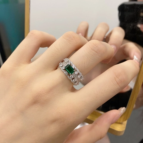 Luxurious S925 Sterling Silver Emerald Cut Green Zirconia Ring For Women Double Row Pave Finger Ring Fashion Jewelry