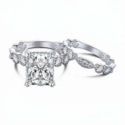 925 Sterling Silver Zirconia Wedding Ring Set For Women Emerald Cut Rectangle Radiant Cut Stackable Bridal Engagement Ring