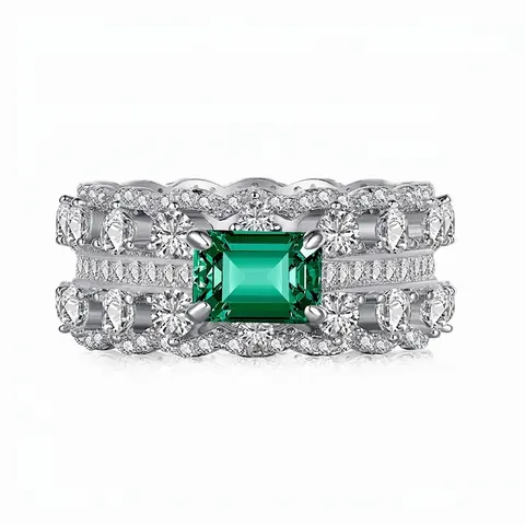 Luxurious S925 Sterling Silver Emerald Cut Green Zirconia Ring For Women Double Row Pave Finger Ring Fashion Jewelry