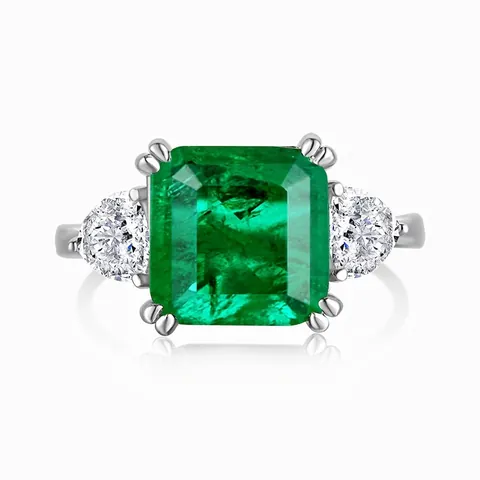 S925 Sterling Zilveren Smaragdslijpsel Groene Zirconia Ring Vintage Drie Stenen Vierkante Trouwring Voor Vrouwen Sieraden