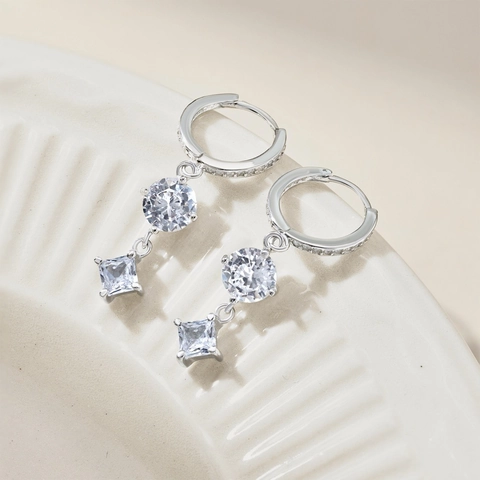 925 Sterling Silver Geometric Drop Stud Earrings For Women Japanese Korean Light Luxury Zirconia Inlaid Ear Jewelry Gift