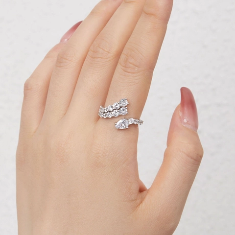 925 Sterling Silver Pear Shaped Zirconia Open Ring For Women Elegant Irregular Bypass Design Adjustable Geometric Finger Ring Jewelry