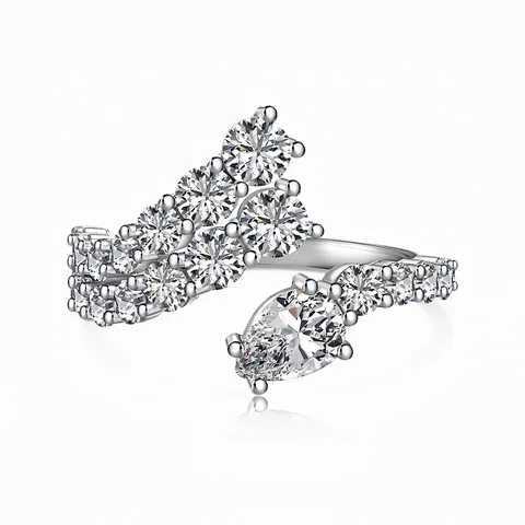 925 Sterling Silver Pear Shaped Zirconia Open Ring For Women Elegant Irregular Bypass Design Adjustable Geometric Finger Ring Jewelry