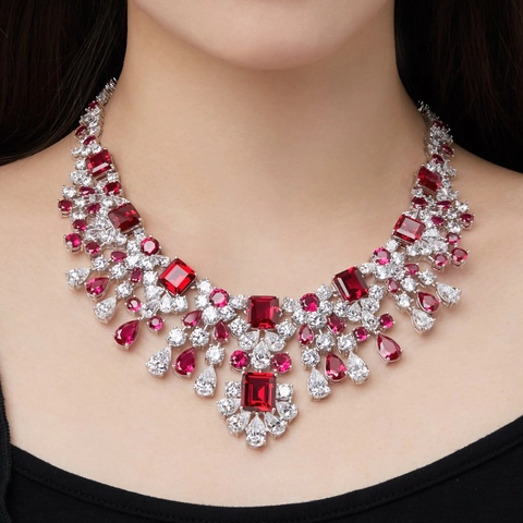 Luxuriöse S925 Sterlingsilber Smaragd Rubin Symmetrische Halskette Für Damen Schlüsselbeinkette Strass Schmuck