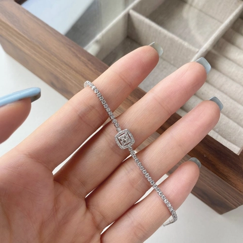 Lussuoso Bracciale Tennis in Argento Sterling 925 con Zirconia per Donna Centrotavola Quadrato Taglio Baguette Regolabile Gioielli da Sposa