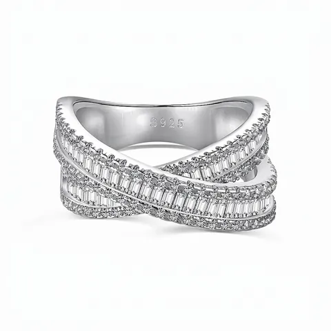Anello in Argento Sterling S925 a Croce X con Zirconia per Donna Intrecciato Baguette Round CZ Anello da Dito Geometrico Personalizzato Regalo Gioielli